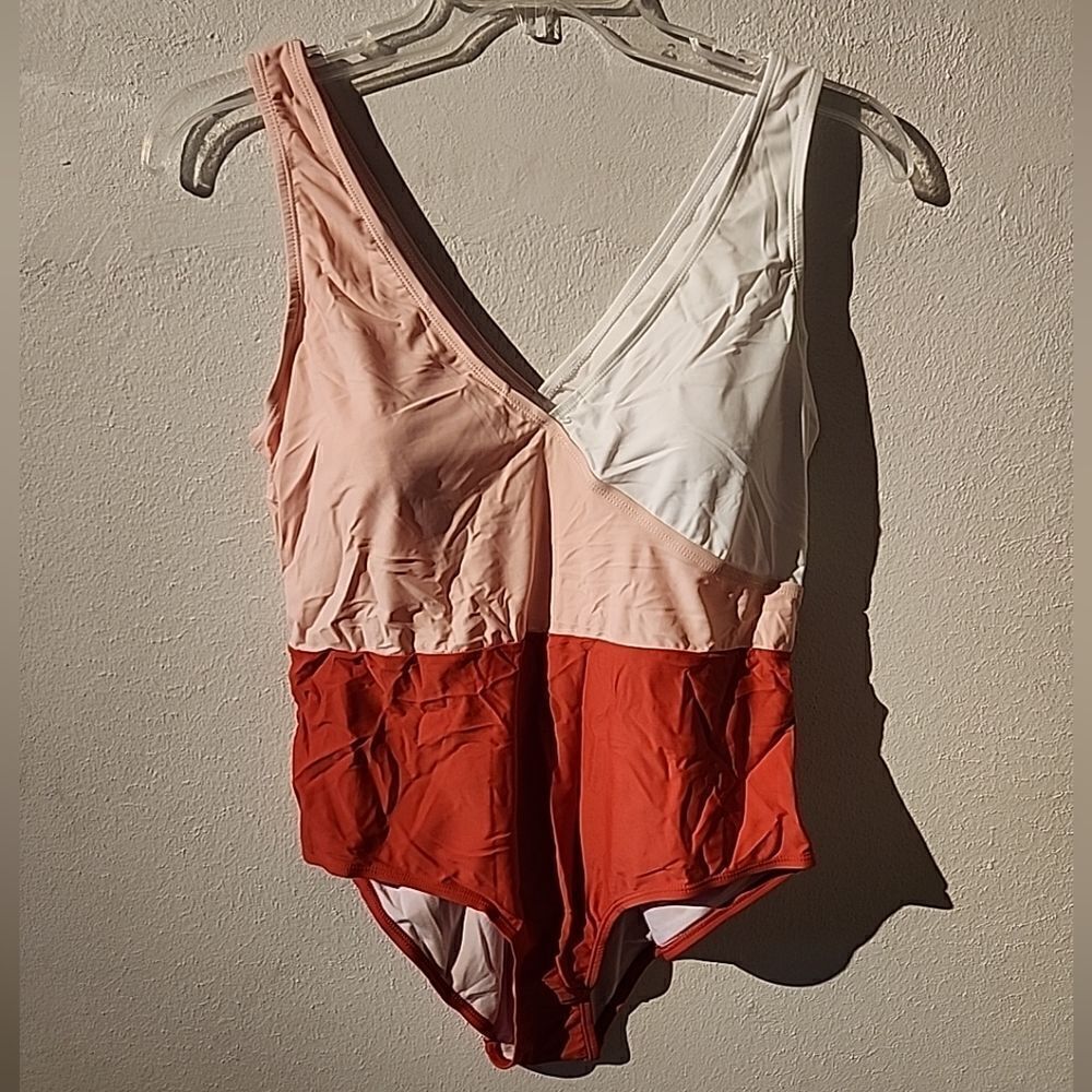 Meet Curve Swimsuit XL Pink White Orange V Neck One Piece Low Cut